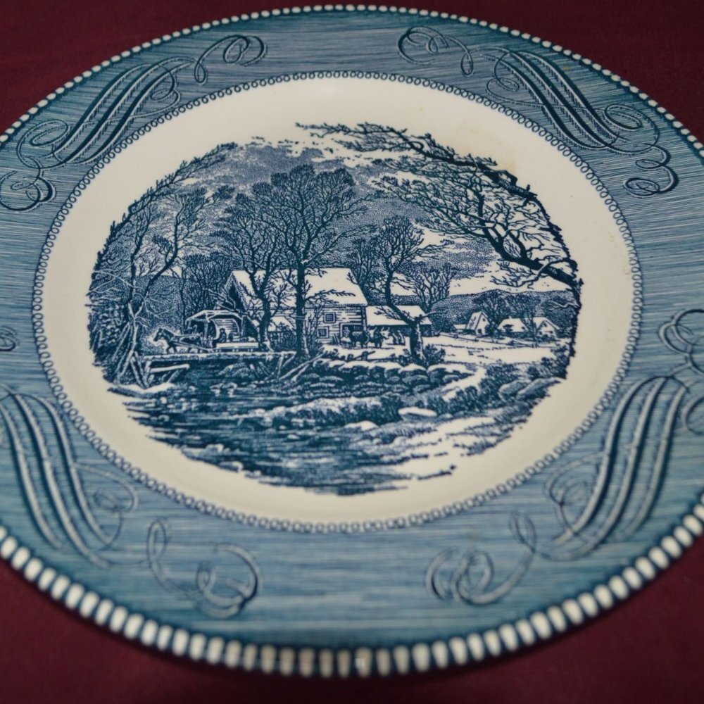 Currier & Ives Blue-Royal Crown Logo-Dinner Plate